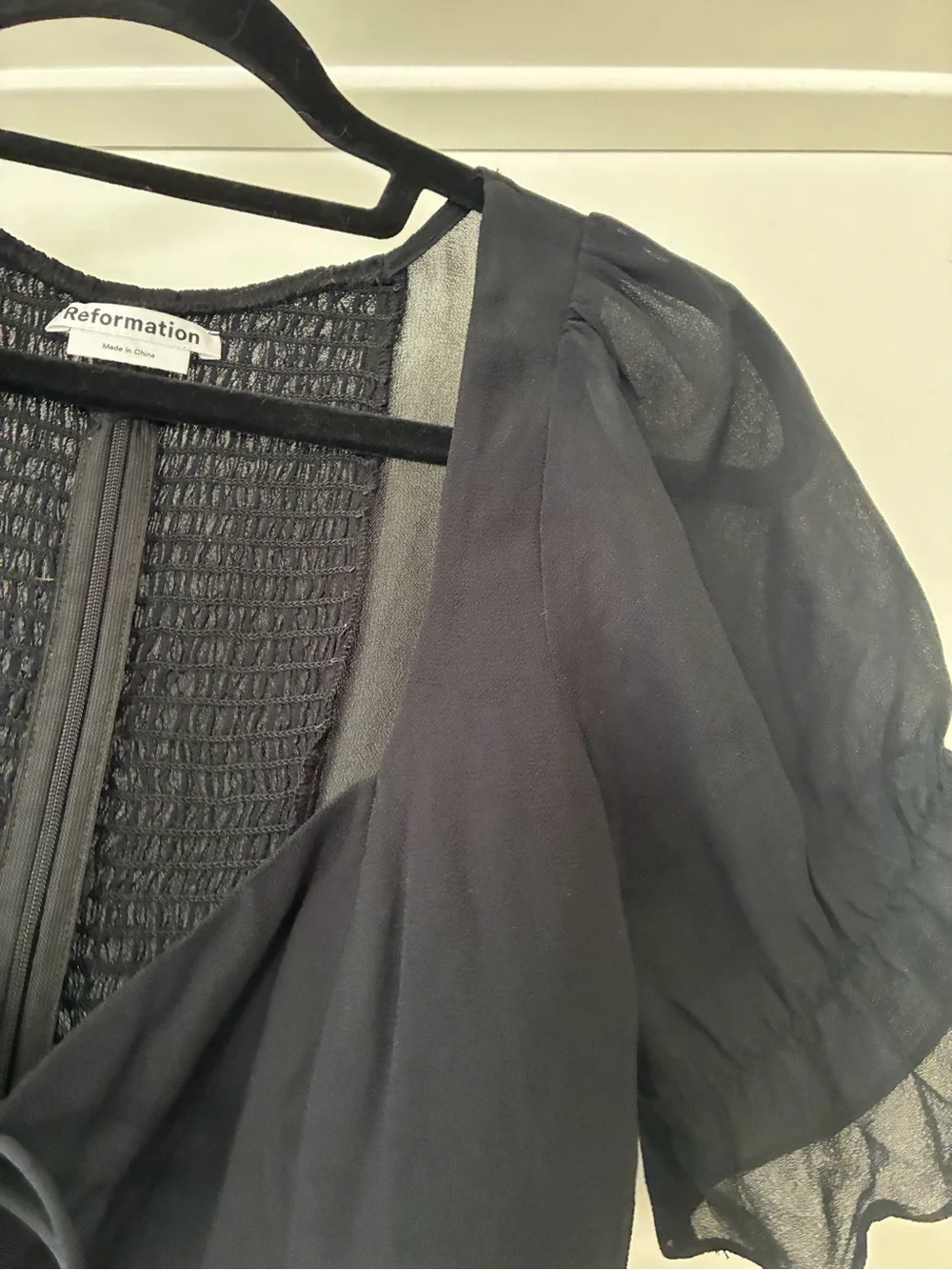 Reformation Black Sheer Puff-Sleeve Tie-Front Blouse